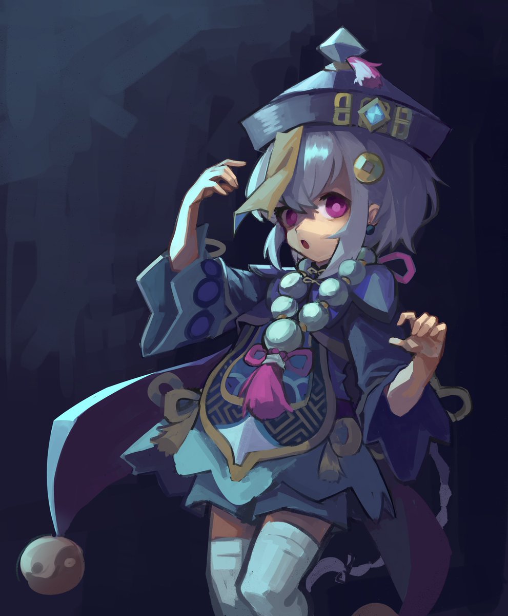 bead_necklace, beads, braid, cape, dark_background, genshin_impact, hat, head_tilt, highres, jewelry, jiangshi, kawuyuckie, long_hair, looking_at_viewer, low_ponytail, necklace, ofuda, orb, ponytail, purple_eyes, purple_hair, purple_hat, qingdai_guanmao, qiqi_(genshin_impact), sidelocks, single_braid, solo, thighhighs, vision_(genshin_impact), wide_sleeves, yin_yang, yin_yang_orb
