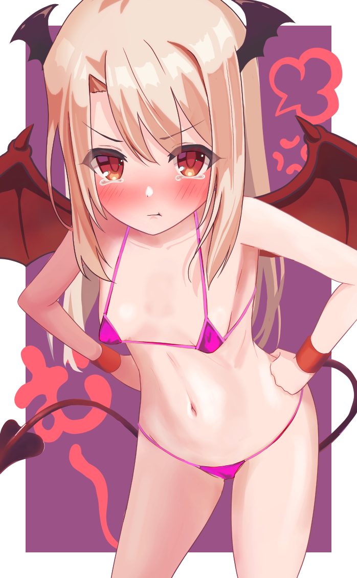 1girl, bare_shoulders, bikini, blonde_hair, blush, breasts, collarbone, demon_tail, demon_wings, fate/kaleid_liner_prisma_illya, fate_(series), hair_between_eyes, hands_on_own_hips, head_wings, illyasviel_von_einzbern, loli, long_hair, looking_at_viewer, micro_bikini, navel, pan_korokorosuke, pink_bikini, pout, red_eyes, sidelocks, small_breasts, swimsuit, tail, tearing_up, thighs, wings, wristband