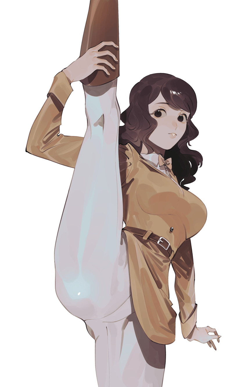 1girl, absurdres, belt, black_eyes, boots, breasts, brown_footwear, brown_hair, emmy_altava, highres, i-shaped_balance_(meme), karo-ta_(krt033), leg_up, long_sleeves, looking_at_viewer, medium_breasts, meme, professor_layton, shirt, simple_background, smile, split, standing, standing_on_one_leg, standing_split, white_background, yellow_shirt