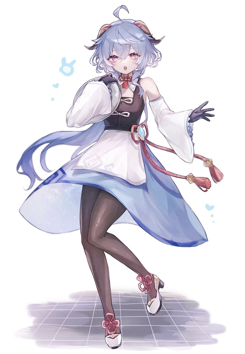absurdres, ahoge, alternate_costume, apron, bare_shoulders, black_gloves, black_pantyhose, blue_hair, chinese_knot, curled_horns, detached_sleeves, flower_knot, full_body, ganyu_(genshin_impact), genshin_impact, gloves, high_heels, highres, holding, holding_tray, horns, looking_at_viewer, myunn_aa, open_mouth, pantyhose, purple_eyes, seelie_(genshin_impact), sidelocks, skirt, solo, tassel, tray, vision_(genshin_impact), white_sleeves