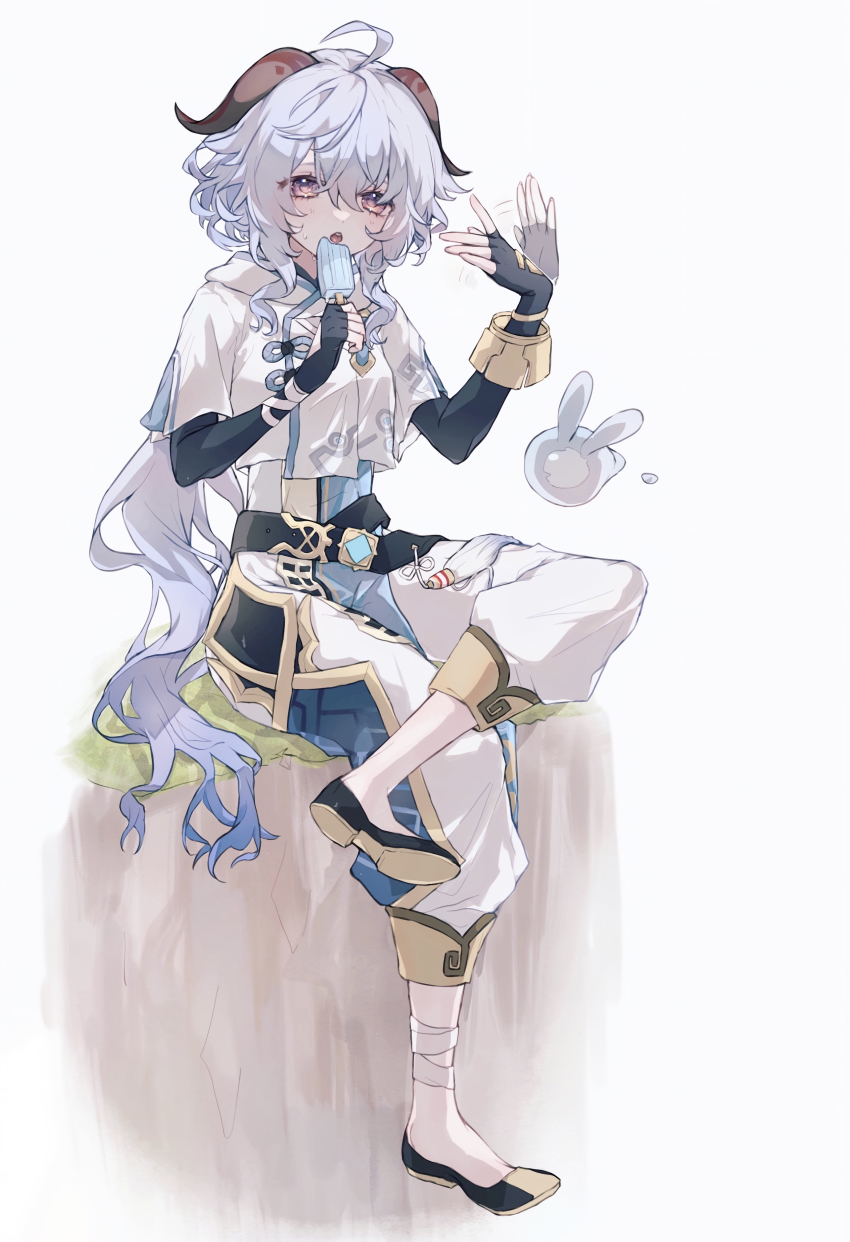 absurdres, ahoge, bandaged_arm, bandages, black_gloves, blue_hair, chinese_clothes, chongyun_(genshin_impact), chongyun_(genshin_impact)_(cosplay), cosplay, curled_horns, eating, fingerless_gloves, food, ganyu_(genshin_impact), genshin_impact, gloves, hand_fan, highres, horns, hot, long_hair, looking_at_viewer, myunn_aa, popsicle, purple_eyes, seelie_(genshin_impact), shoes, short_sleeves, sidelocks, sitting, solo, tassel, vision_(genshin_impact)