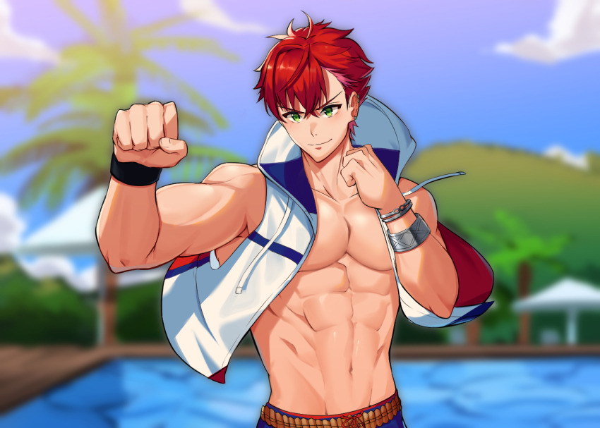1boy, abs, artist_request, bad_id, bad_pixiv_id, bara, blue_male_swimwear, blue_swim_trunks, blurry, blurry_background, cloud, day, green_hair, helios_rising_heroes, large_pectorals, lif_(shuroong), male_focus, male_swimwear, midriff, muscular, muscular_male, navel, otori_akira, palm_tree, pectorals, pool, poolside, protected_link, red_hair, short_hair, sky, solo, swim_trunks, swimsuit, tree, umbrella, water