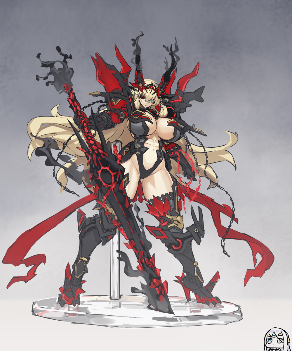 2girls, abs, asymmetrical_dual_wielding, barghest_(fate), barghest_(third_ascension)_(fate), black_sclera, blonde_hair, breasts, chain, chibi, chibi_inset, colored_sclera, dual_wielding, fate/grand_order, fate_(series), full_body, galatea_(fate), green_eyes, heterochromia, high_heels, highres, holding, holding_sword, holding_weapon, horns, impossible_clothes, large_breasts, long_hair, melon22, multiple_girls, red_eyes, sword, weapon