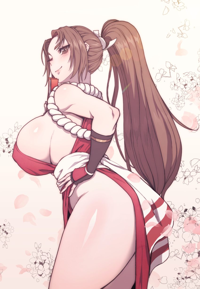 1girl, breasts, brown_eyes, brown_hair, carcass_(artist), fatal_fury, female_focus, folded_fan, folding_fan, hand_fan, hand_on_own_hip, high_ponytail, highres, holding, holding_fan, large_breasts, long_hair, looking_at_viewer, matching_hair/eyes, ninja, no_bra, no_panties, one_eye_closed, pelvic_curtain, ponytail, revealing_clothes, rope, shiranui_mai, sideboob, smile, snk, solo, the_king_of_fighters, thighs, white_rope, wink