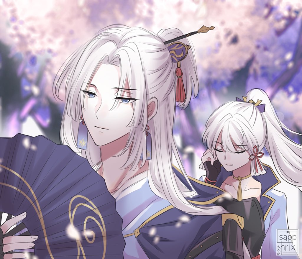 1boy, 1girl, armor, ayaka_(genshin_impact), blonde_hair, blue_eyes, blue_hair, blunt_bangs