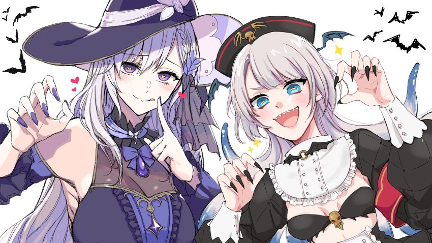 2girls, :d, alternate_costume, bare_shoulders, bat_(animal), black_bra, black_headwear, black_skirt