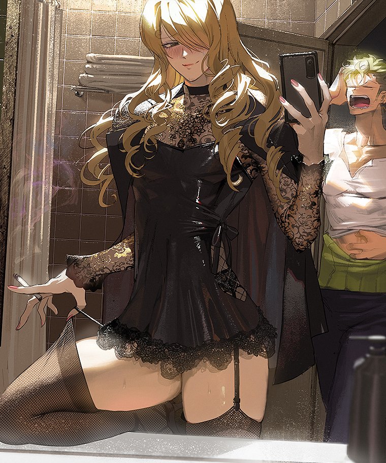 2boys, bathroom, beard, black_dress, black_jacket, blonde_hair, blush, cellphone