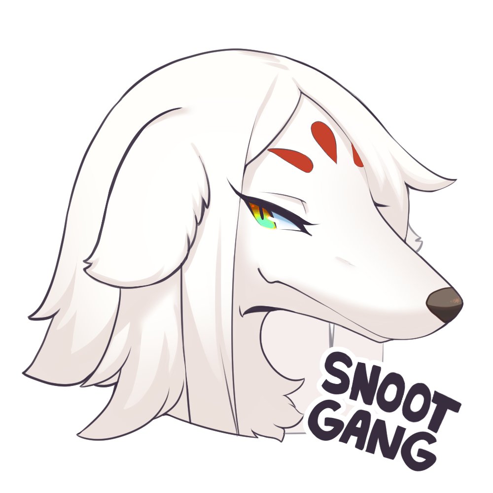 1girl, animal_ears, animal_nose, body_fur, closed_mouth, crunchobar, dog_ears, dog_girl, english_text, facial_mark, female_focus, forehead_mark, furry, furry_female, green_eyes, half-closed_eyes, helga_(world_flipper), jpeg_artifacts, long_hair, looking_to_the_side, parted_bangs, portrait, sidelocks, simple_background, snout, solo, white_background, white_fur, white_hair, white_theme, world_flipper