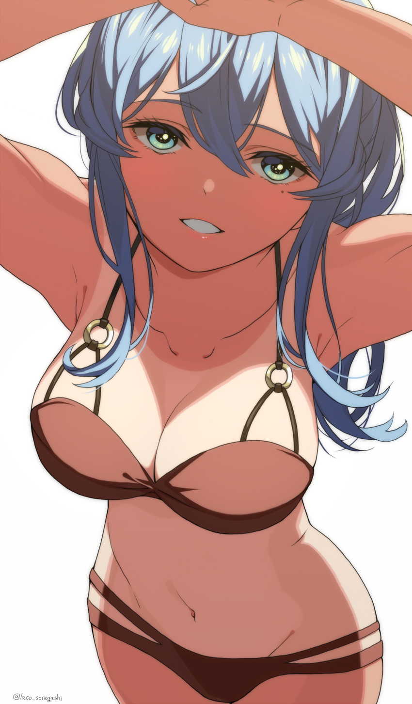 1girl, bikini, blue_eyes, blue_hair, blush, breasts, brown_bikini, cleavage