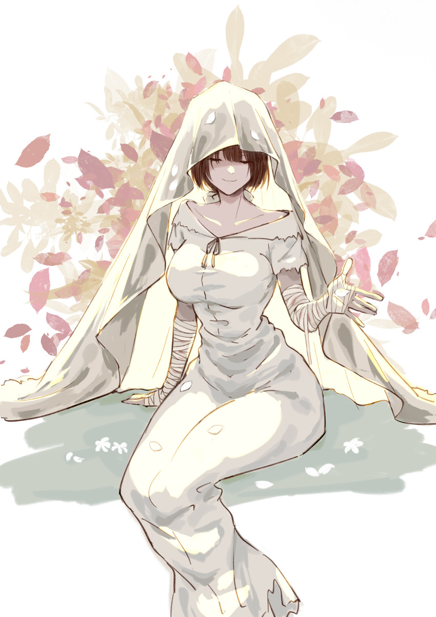 1girl, absurdres, bandaged_arm, bandages, breasts, brown_hair, collarbone, commentary_request