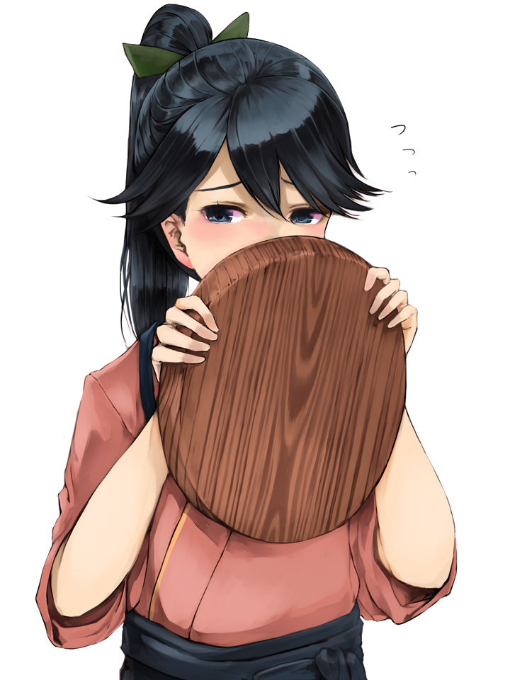 1girl, black_hair, blue_eyes, blue_hakama, blush, commentary_request, covering_own_mouth, embarrassed