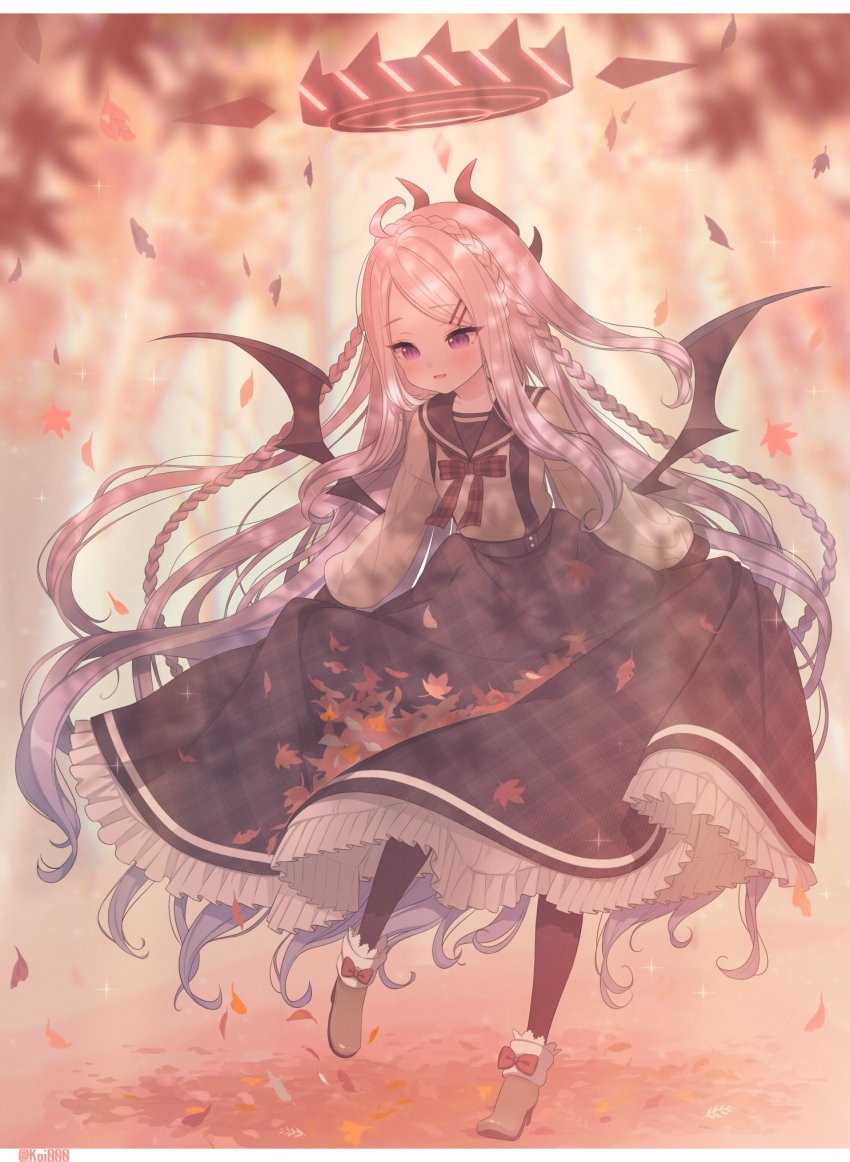 1girl, :d, ahoge, alternate_uniform, artist_name, autumn, autumn_leaves, black_legwear