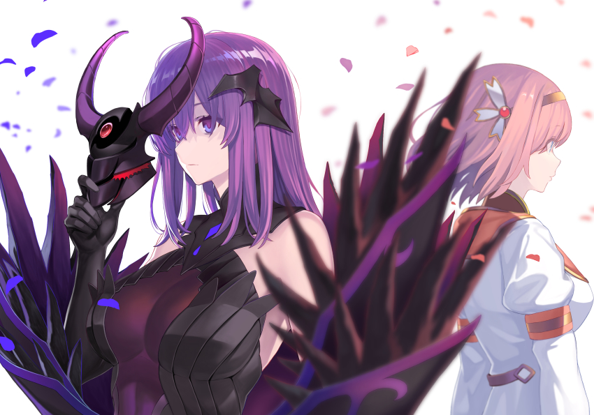 2girls, blue_eyes, breasts, eris_(princess_connect!), flower, highres, hirono_(hxze4434), large_breasts, long_hair, medium_hair, multiple_girls, pink_hair, princess_connect!, purple_eyes, purple_hair, yui_(princess_connect!)