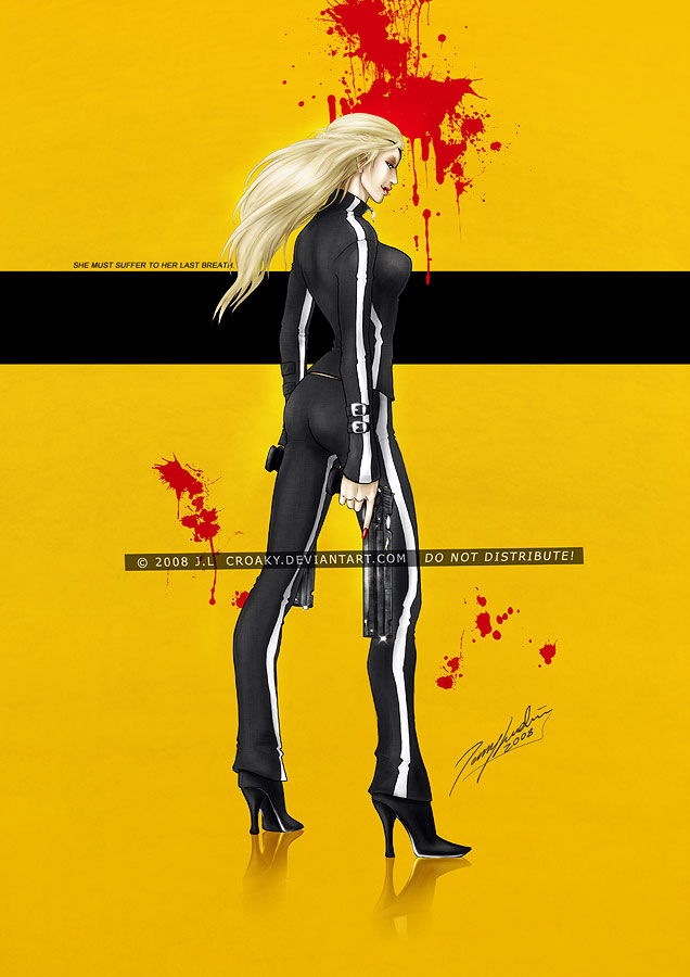 artist_request, blonde_hair, blood, bodysuit, elle_driver, gun, kill_bill, long_hair