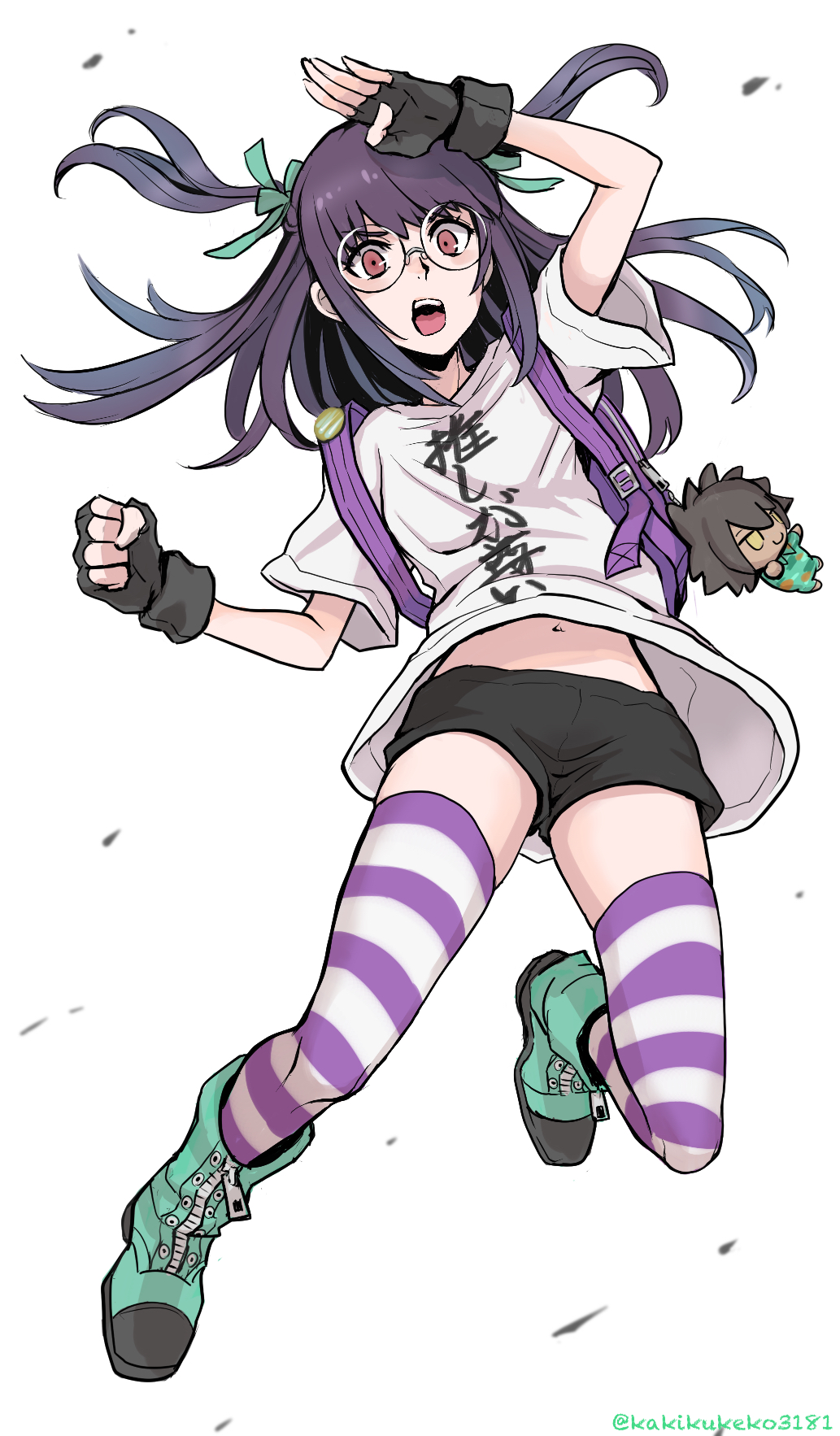 1girl, :o, aqua_boots, aqua_ribbon, artist_name, backpack, badge, bag