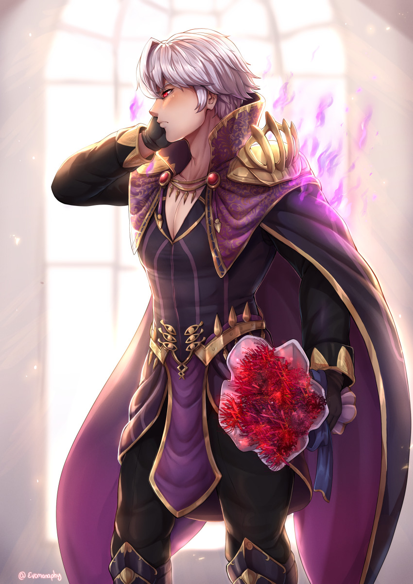 1boy, absurdres, alternate_costume, armor, aura, blush, bouquet, cape