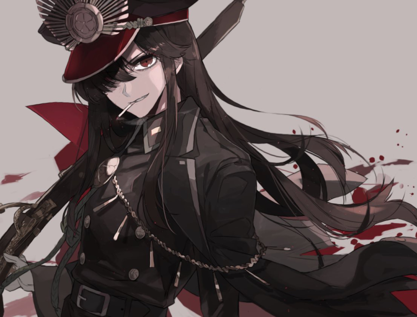 1girl, belt, black_belt, black_coat, black_jacket, brown_hair, buttons, cigarette, coat, double-breasted, ebanoniwa, fate/grand_order, fate_(series), grey_background, grin, gun, hair_over_one_eye, hat, holding, holding_gun, holding_weapon, jacket, long_hair, long_sleeves, looking_at_viewer, mouth_hold, musket, negative_space, oda_nobunaga_(fate), oda_nobunaga_(kaiser)_(fate), oda_nobunaga_(koha-ace), one_eye_covered, open_clothes, open_coat, peaked_cap, red_eyes, simple_background, smile, smoking, solo, upper_body, weapon