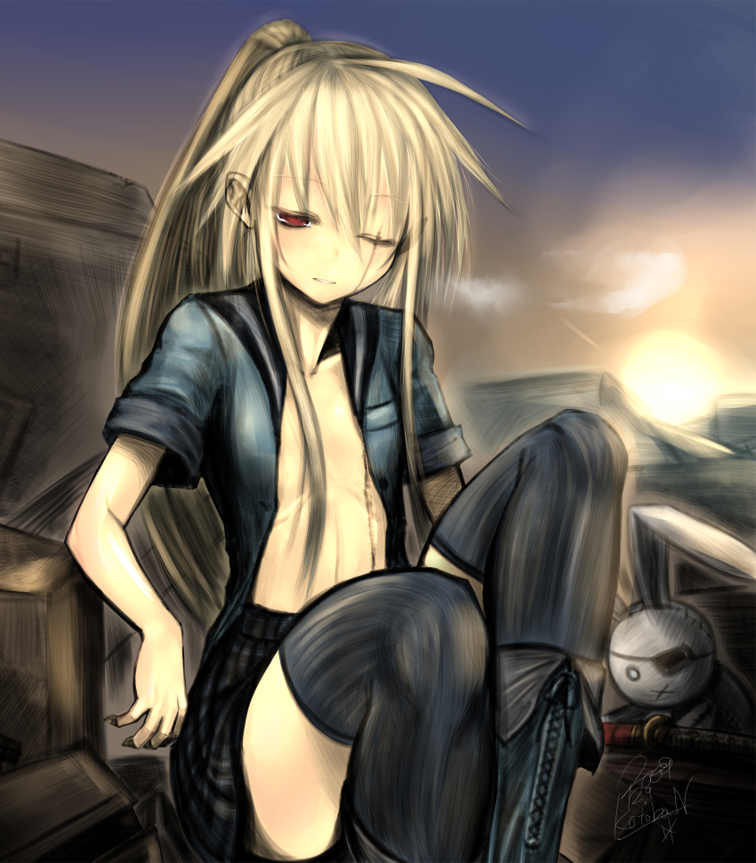 1girl, blonde_hair, boots, eyepatch, female_focus, flat_chest, hatamoto_(kotoba), highres