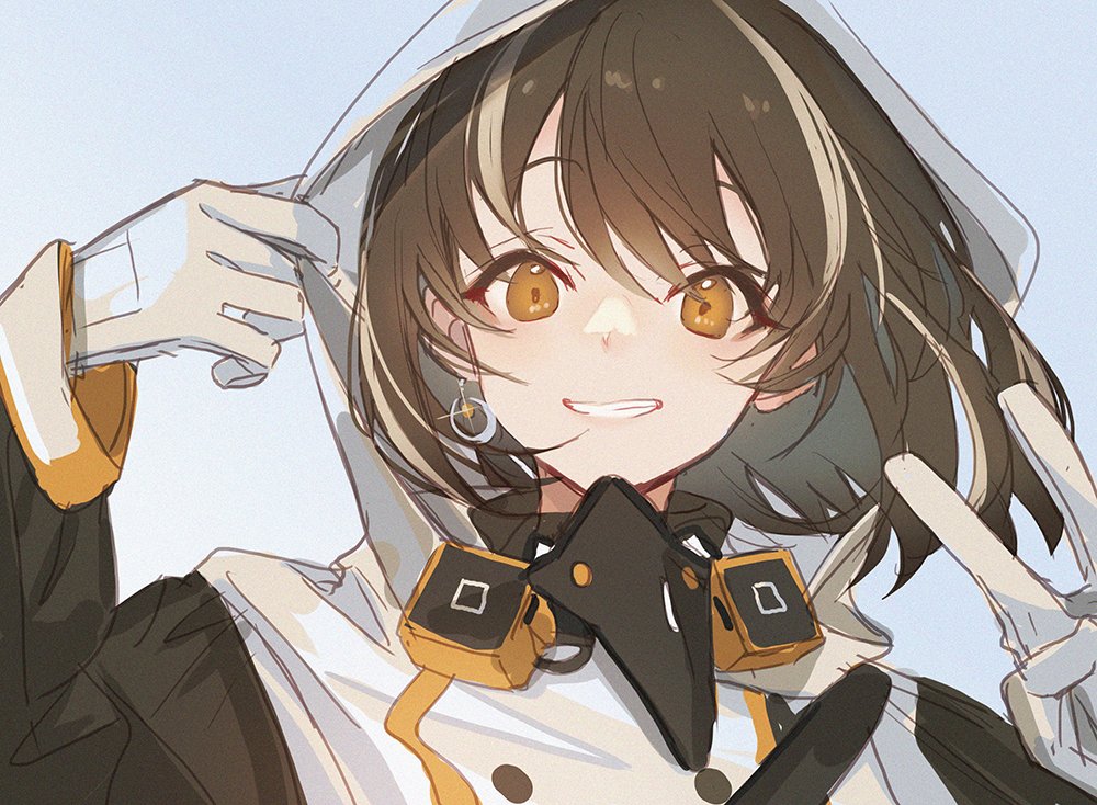 1girl, arknights, awa_iro, black_sleeves, brown_hair, coat, commentary_request, earrings