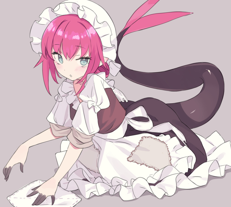 1girl, black_dress, blade_(galaxist), blue_eyes, blush, breasts, dragon_girl, dragon_tail, dress, elizabeth_bathory_(cinderella)_(fate), elizabeth_bathory_(fate), elizabeth_bathory_(fate/extra), elizabeth_bathory_(scullery_maid)_(fate), fate/grand_order, fate_(series), long_hair, looking_at_viewer, official_alternate_costume, pink_hair, pointy_ears, puffy_short_sleeves, puffy_sleeves, short_sleeves, small_breasts, tail