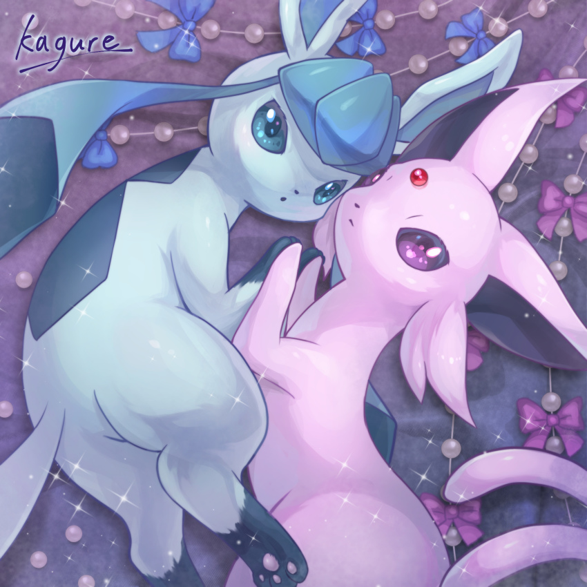 blue_bow, bow, closed_mouth, commentary_request, espeon, from_above, gen_2_pokemon, gen_4_pokemon