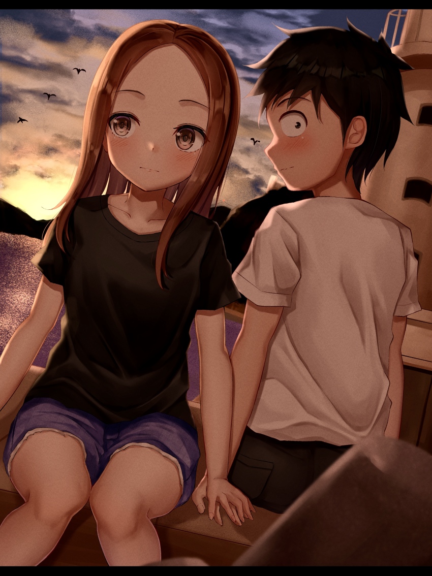 1boy, 1girl, absurdres, bird, black_hair, black_pants, black_shirt, blush
