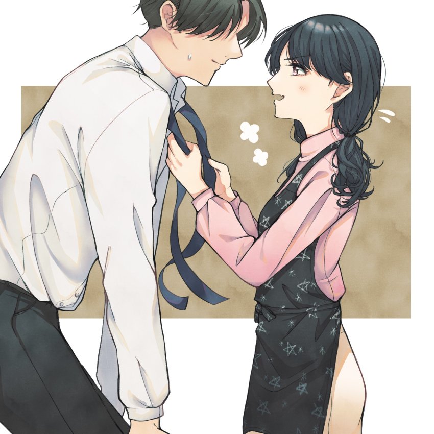 1boy, 1girl, adjusting_another's_clothes, apron, black_hair, commentary_request, fangs, flying_sweatdrops