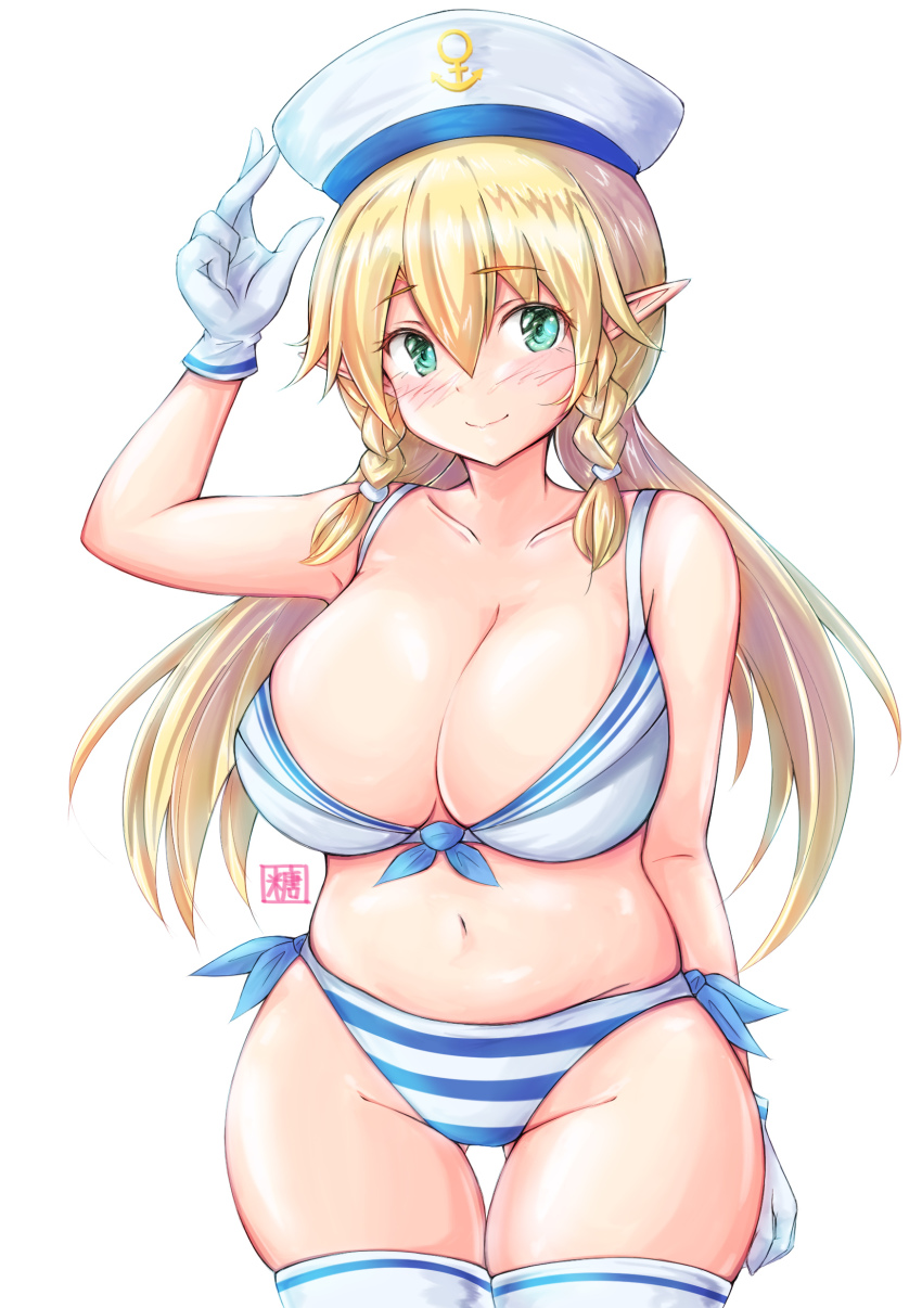 1girl, absurdres, alternate_costume, arm_at_side, bare_shoulders, blonde_hair, blush, braid