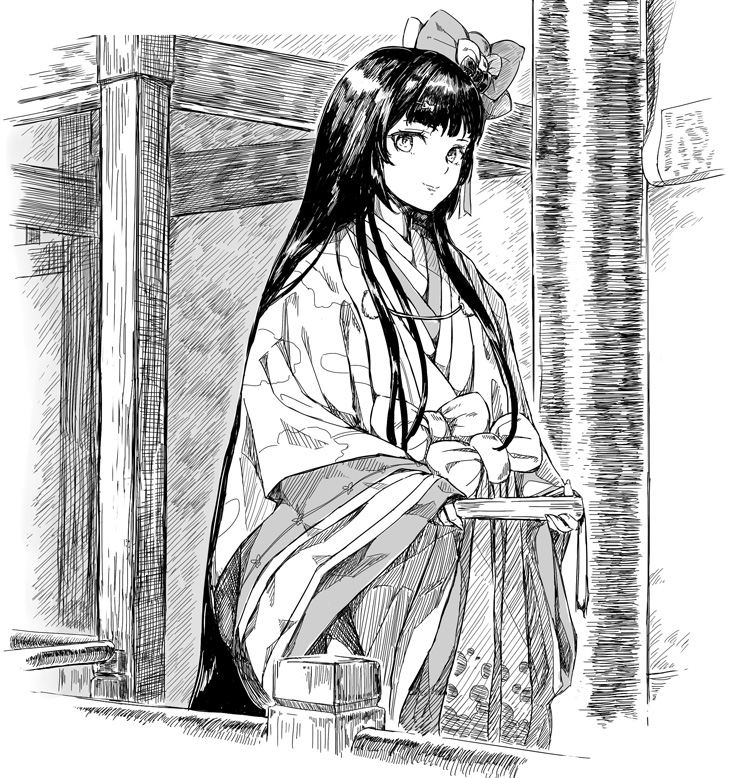 1girl, bow, fate/grand_order, fate_(series), greyscale, hair_bow, hand_fan, japanese_clothes