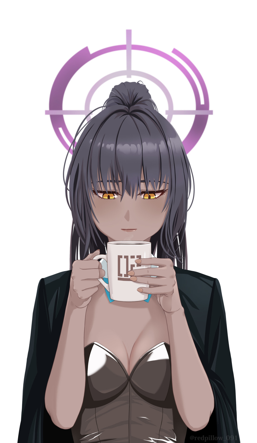 1girl, absurdres, animal_ears, black_hair, black_leotard, blue_archive, blue_bow, bow, closed_mouth, coffee_mug, commentary, commentary_request, cup, dark-skinned_female, dark_skin, detached_collar, english_commentary, halo, highres, holding, holding_cup, jacket, jacket_on_shoulders, karin_(blue_archive), karin_(bunny)_(blue_archive), leotard, looking_at_viewer, mixed-language_commentary, mug, playboy_bunny, redpillow091, standing, straight-on, upper_body, white_background, yellow_eyes