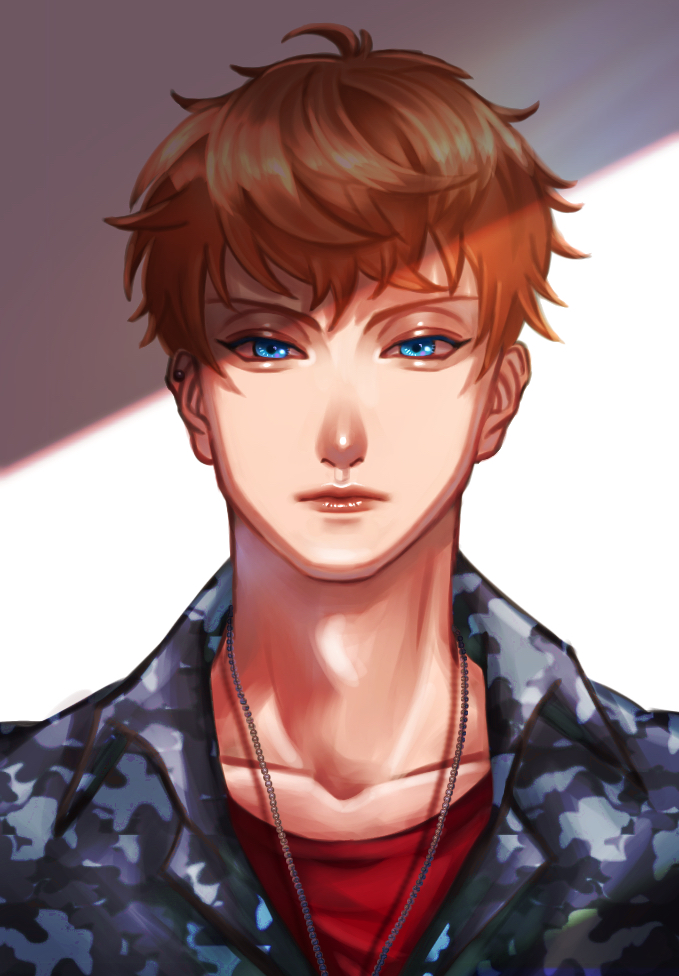 1boy, 3_8_2., adam's_apple, blue_eyes, busujima_mason_rio, camouflage, camouflage_shirt, hypnosis_mic, jewelry, looking_at_viewer, necklace, orange_hair, portrait, shirt, short_hair, solo