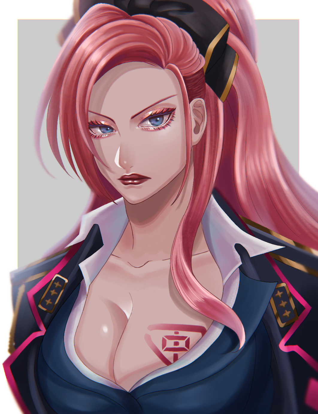 1girl, 3_8_2., blue_eyes, breast_tattoo, breasts, cleavage, grey_background, highres, hypnosis_mic, ichijiku_kadenokouji, lipstick, long_hair, looking_at_viewer, makeup, pink_hair, simple_background, solo, tattoo, upper_body