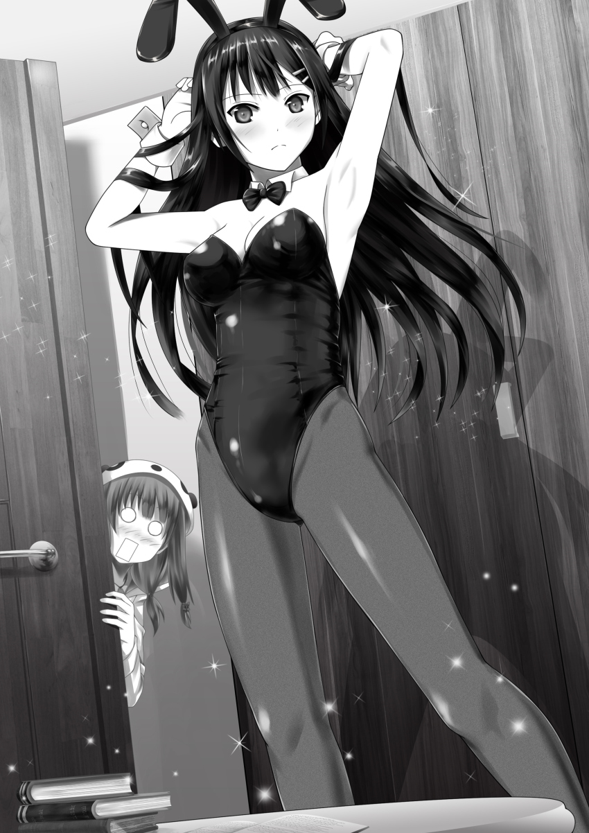 2girls, absurdres, animal_costume, animal_ears, ano_hito, arms_up, azusagawa_kaede, black_hair