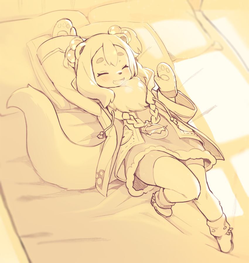 1girl, ^_^, animal_ears, animal_nose, arm_up, bike_shorts, blush, body_fur, boots, breath, closed_eyes, coat, crunchobar, dog_ears, dog_girl, dog_tail, drawstring, dress, fangs, fini_(world_flipper), flat_chest, from_above, full_body, fur-trimmed_dress, fur_trim, furry, furry_female, gloves, hair_bobbles, hair_ornament, hand_up, happy, highres, indoors, jewelry, knee_up, long_sleeves, lying, mittens, monochrome, neck_fur, necklace, on_back, on_bed, open_mouth, pillow, short_dress, short_hair, sidelocks, skin_fangs, smile, sparkle, tail, two_side_up, world_flipper, yellow_theme