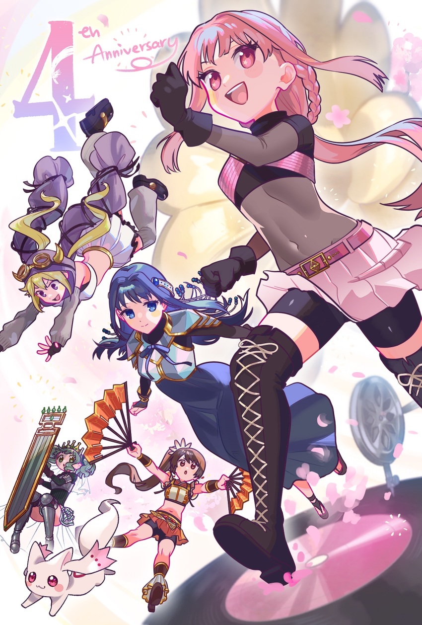 5girls, amplifier, ankleband, anniversary, armor, armored_boots, arms_at_sides, bare_shoulders