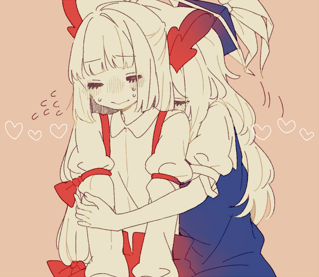 2girls, =_=, bad_id, bad_tumblr_id, blue_headwear, blunt_bangs, blush, bow, collared_shirt, commentary_request, couple, embarrassed, en_or, eyes_visible_through_hair, facing_viewer, flying_sweatdrops, fujiwara_no_mokou, furrowed_brow, hair_bow, half_updo, hat, heart, hug, hug_from_behind, kamishirasawa_keine, long_hair, long_sleeves, motion_lines, multiple_girls, no_nose, nose_blush, pink_background, puffy_long_sleeves, puffy_short_sleeves, puffy_sleeves, shirt, short_sleeves, sidelocks, simple_background, sleeve_garter, spot_color, suspenders, sweat, tokin_hat, touhou, upper_body, very_long_hair, wing_collar, yuri