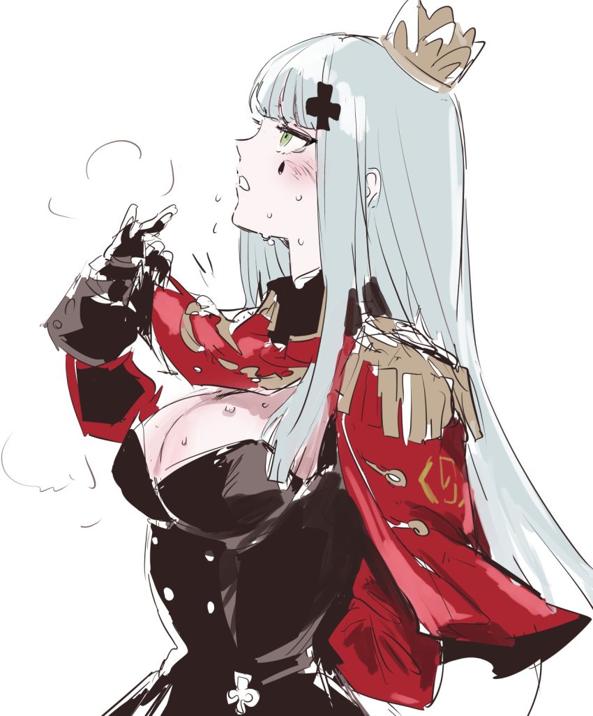 1girl, blush, breasts, capelet, cleavage, commentary, crown, dress