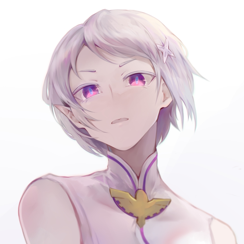 1girl, fortuna_(re:zero), frown, hair_ornament, highres, looking_at_viewer, parted_lips, pointy_ears, purple_eyes, re:zero_kara_hajimeru_isekai_seikatsu, short_hair, silver_hair, sleeveless, solo, tkhalloween, white_background