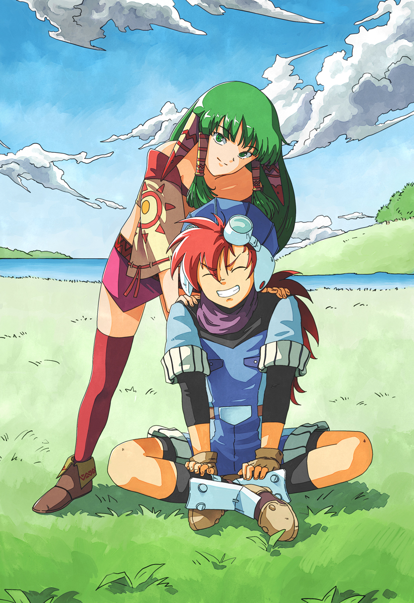 1boy, 1girl, breasts, closed_mouth, feena_(grandia), gloves, goggles, grandia