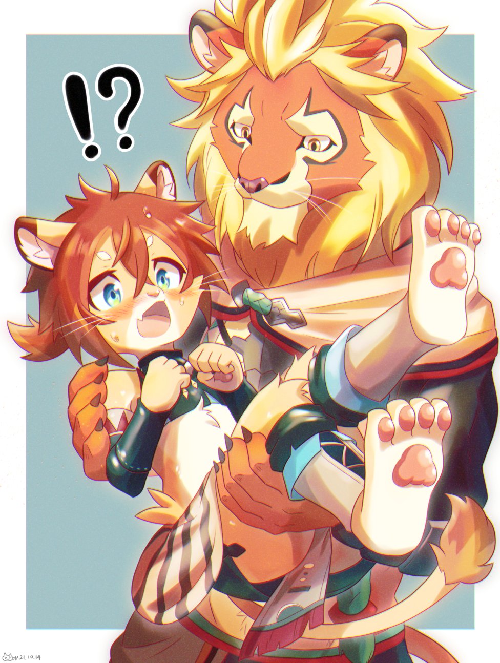!?, 2boys, animal_ear_fluff, animal_ears, animal_feet, animal_hands, animal_nose, artist_name, bare_shoulders, beard, blonde_hair, blue_background, blue_eyes, body_fur, border, brown_hair, carrying, claws, clenched_hands, closed_mouth, crop_top, crossed_bangs, dated, detached_sleeves, facial_hair, fang, feet, full_body, furry, furry_male, green_shirt, green_sleeves, hair_between_eyes, hands_up, happy, highres, jpeg_artifacts, leg_warmers, lion_boy, lion_ears, lion_tail, loincloth, long_sleeves, magnos_(world_flipper), male_focus, multiple_boys, open_mouth, orange_hair, outside_border, pawpads, piporinton, ponytail, princess_carry, shirt, short_hair, sidelocks, signature, simple_background, skin_fang, sleeveless, sleeveless_shirt, smile, snout, standing, surprised, sweat, tail, theo_(world_flipper), two-tone_fur, whiskers, white_border, white_fur, wide-eyed, world_flipper, yellow_fur