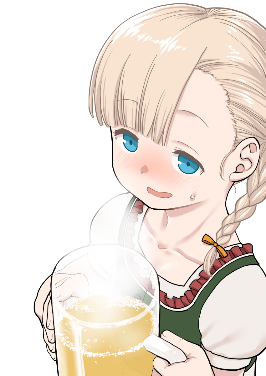 1girl, alcohol, beer, beer_mug, blonde_hair, blue_eyes, blush, braid