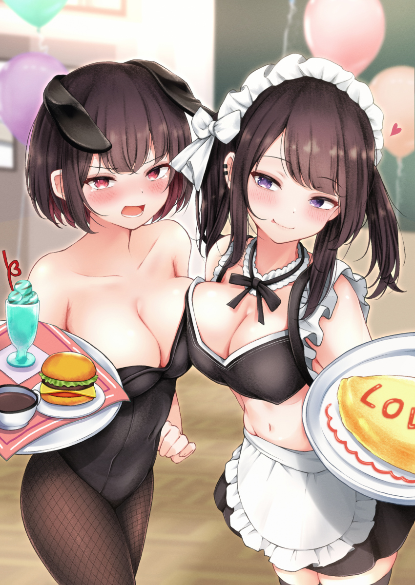 2girls, absurdres, animal_ears, apron, bad_id, bad_pixiv_id, balloon, bare_shoulders