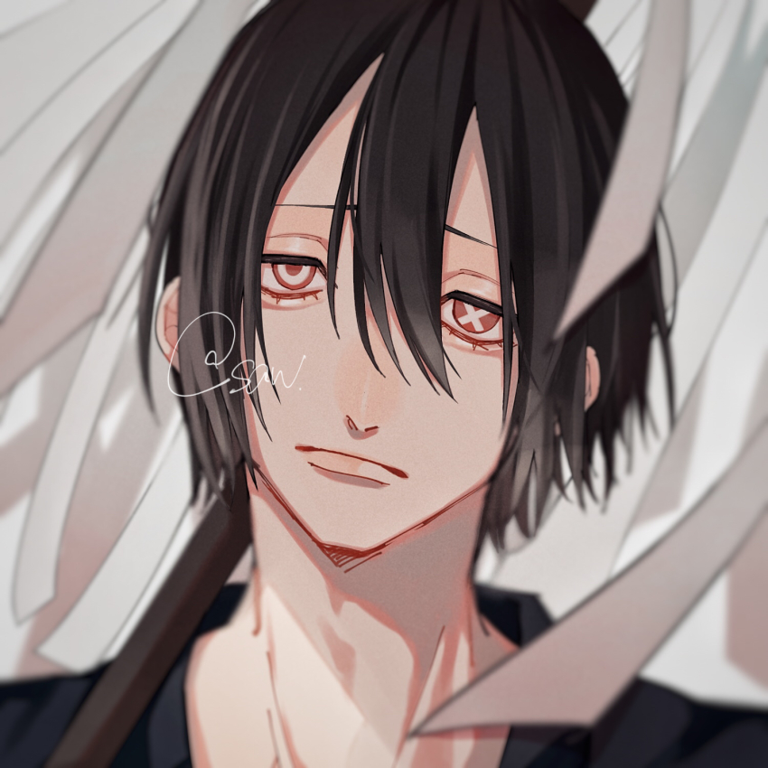 1boy, black_hair, en'en_no_shouboutai, hair_between_eyes, highres, looking_at_viewer, male_focus, portrait