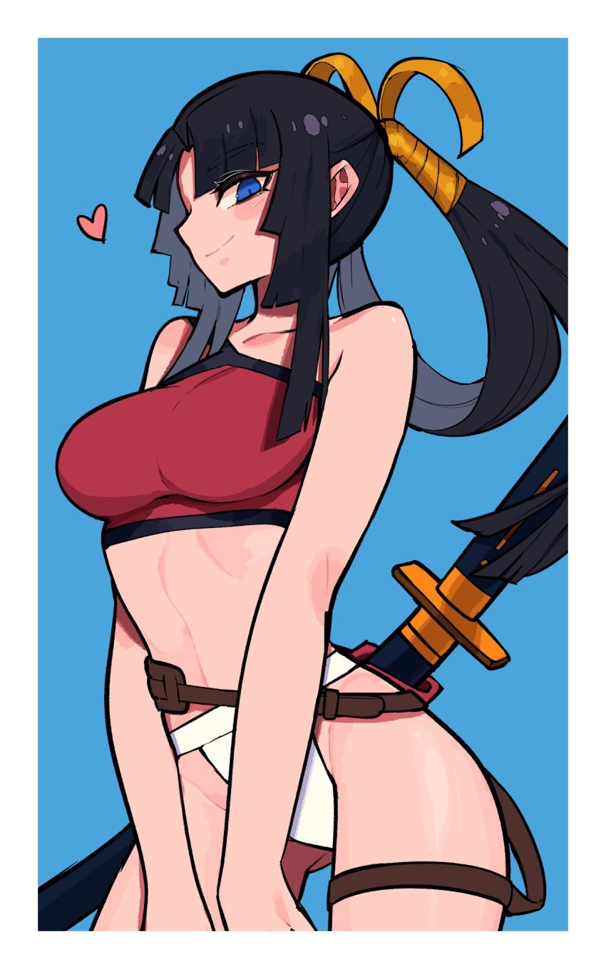 1girl, bare_shoulders, belt, bikini, black_hair, blue_eyes, blush, breasts