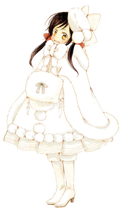 00s, 1girl, axis_powers_hetalia, bad_id, bad_pixiv_id, blush, boots, brown_eyes, brown_hair, dress, female_focus, hair_ribbon, hat, long_hair, machiba_riku_(pixiv), matoba, poncho, ribbon, seychelles_(hetalia), solo, twintails, winter, winter_clothes