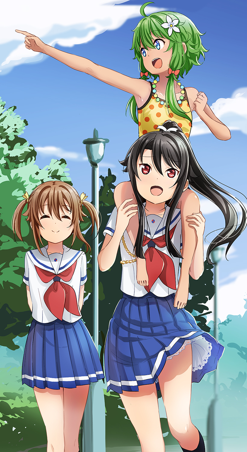 3girls, abe_kanari, barefoot, blue_eyes, blue_skirt, blue_sky, brown_hair, carrying
