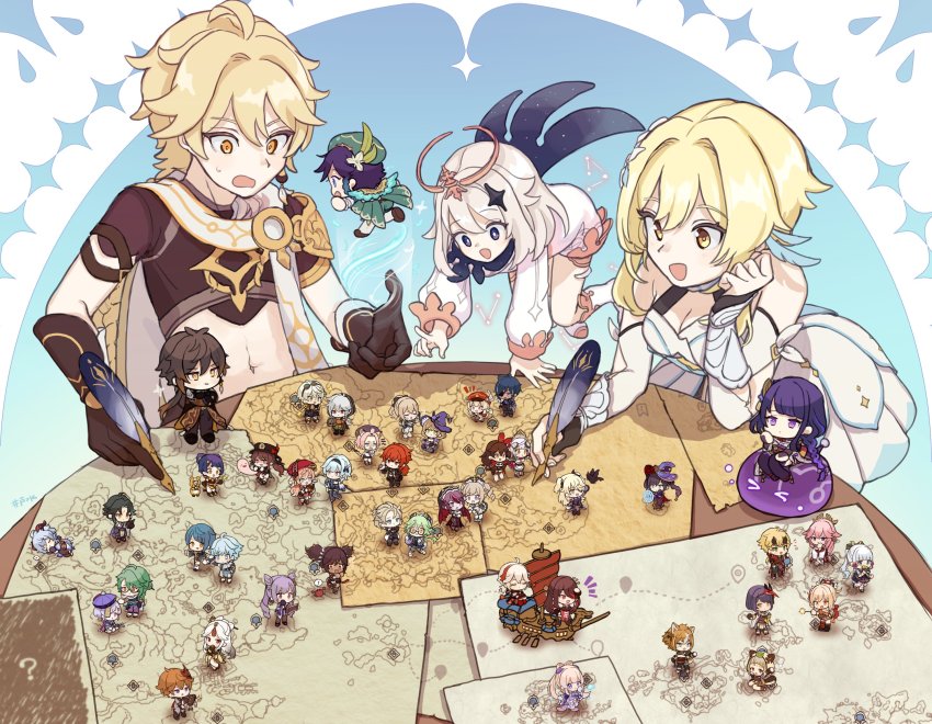 >_<, 6+boys, 6+girls, ?, aether_(genshin_impact), ahoge, albedo_(genshin_impact), amber_(genshin_impact), animal, animal_ears, animal_hood, ayaka_(genshin_impact), baizhu_(genshin_impact), barbara_(genshin_impact), beidou_(genshin_impact), bennett_(genshin_impact), bird, black_gloves, black_hair, blonde_hair, blue_hair, braid, breasts, brown_hair, cape, cat_ears, cat_girl, chongyun_(genshin_impact), cleavage, crab, crossed_arms, dark-skinned_female, dark-skinned_male, dark_skin, detached_sleeves, diluc_(genshin_impact), diona_(genshin_impact), double_bun, dress, earrings, eula_(genshin_impact), everyone, eyepatch, fake_horns, fischl_(genshin_impact), flower, fox_boy, fox_ears, ganyu_(genshin_impact), genshin_impact, glasses, gloves, goggles, goggles_on_head, gorou_(genshin_impact), gradient_hair, green_hair, grey_hair, guoba_(genshin_impact), habit, hair_between_eyes, hair_bun, hair_flaps, hair_ornament, hairband, hairpin, halo, hat, headband, highres, holding, hood, hood_up, horned_headwear, horns, hu_tao_(genshin_impact), idomiz, jacket, japanese_clothes, jean_(genshin_impact), jewelry, kaedehara_kazuha, kaeya_(genshin_impact), keqing_(genshin_impact), klee_(genshin_impact), kujou_sara, leaf, leaf_on_head, light_blue_hair, lisa_(genshin_impact), long_hair, long_sleeves, lumine_(genshin_impact), lying, maid_headdress, map, mask, mask_on_head, mini_person, miniboy, minigirl, mona_(genshin_impact), multicolored_hair, multiple_boys, multiple_girls, ningguang_(genshin_impact), noelle_(genshin_impact), nun_headdress, on_side, open_mouth, orange_hair, oz_(genshin_impact), paimon_(genshin_impact), pants, partially_fingerless_gloves, pink_hair, ponytail, purple_hair, purple_headwear, qiqi_(genshin_impact), quill, raiden_shogun, razor_(genshin_impact), red_hair, romper, rosaria_(genshin_impact), ruin_guard_(genshin_impact), sangonomiya_kokomi, sayu_(genshin_impact), scarf, short_hair, single_braid, single_earring, sitting, slime_(genshin_impact), standing, streaked_hair, sucrose_(genshin_impact), sweat, tartaglia_(genshin_impact), thoma_(genshin_impact), twintails, venti_(genshin_impact), watercraft, white_hair, white_romper, wings, witch_hat, xiangling_(genshin_impact), xiao_(genshin_impact), xingqiu_(genshin_impact), xinyan_(genshin_impact), yae_miko, yanfei_(genshin_impact), yellow_eyes, yoimiya_(genshin_impact), zhongli_(genshin_impact)