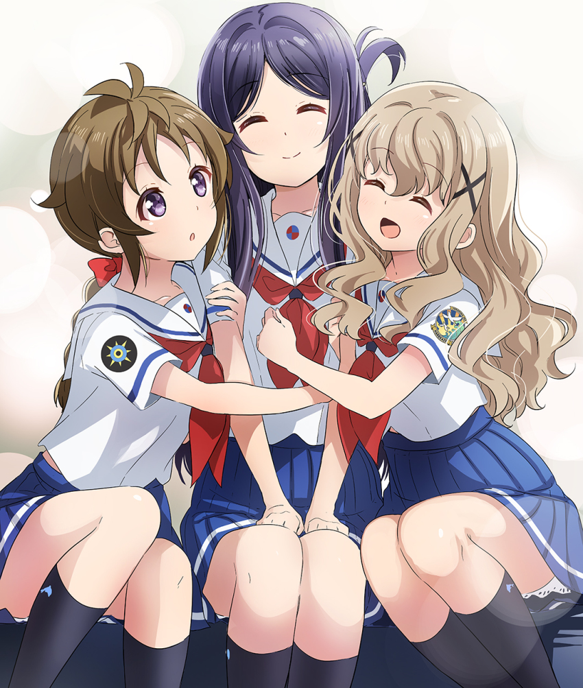 3girls, abe_kanari, badge, black_socks, blue_skirt, braid, brown_hair, closed_eyes