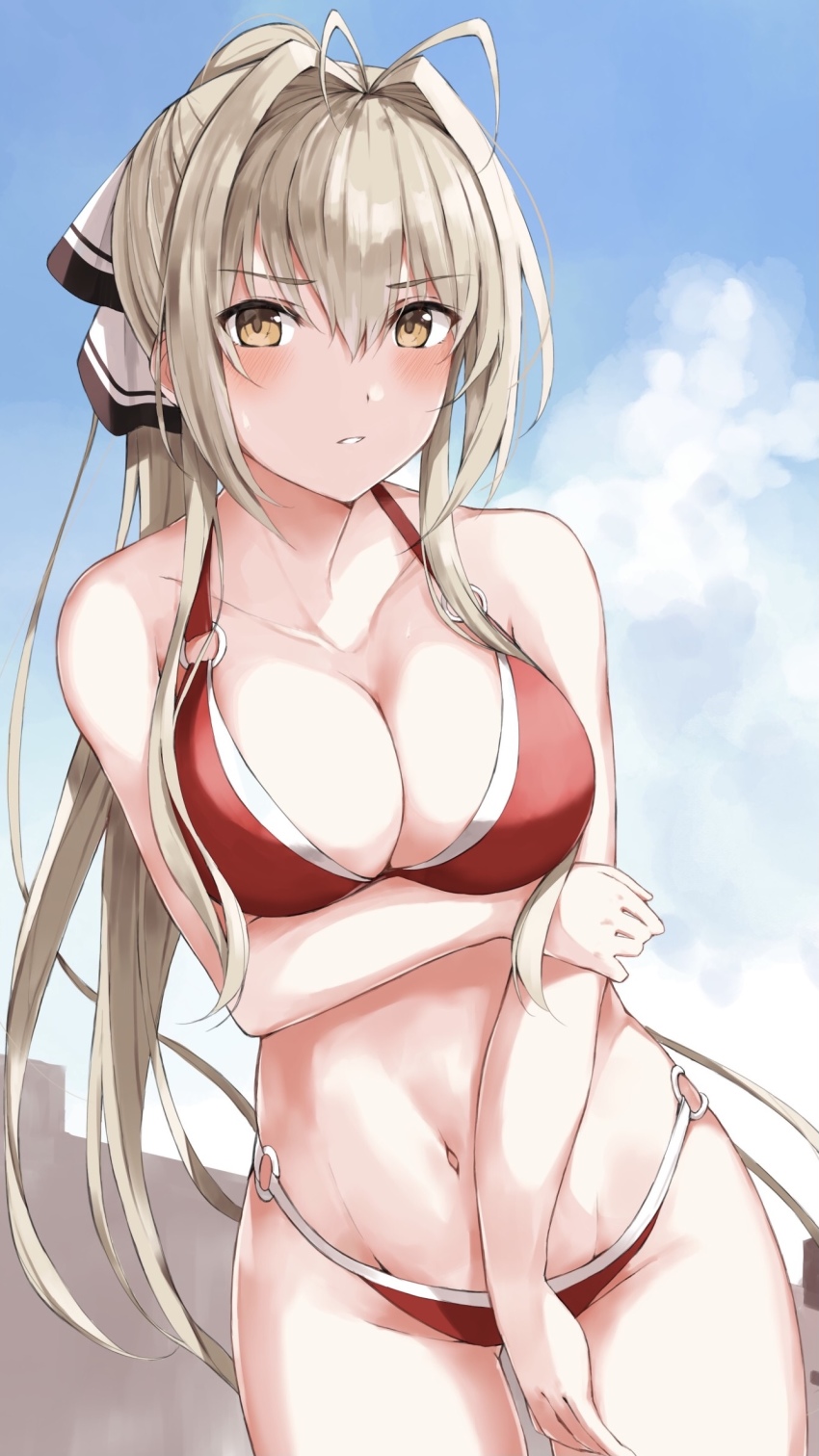 1girl, amagi_brilliant_park, antenna_hair, arm_under_breasts, bikini, blue_sky, blush, breasts