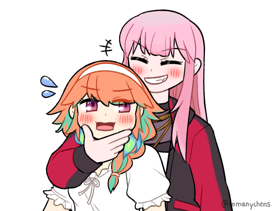 2girls, blouse, blush, braid, chen_(somanychens), choker, closed_eyes, couple